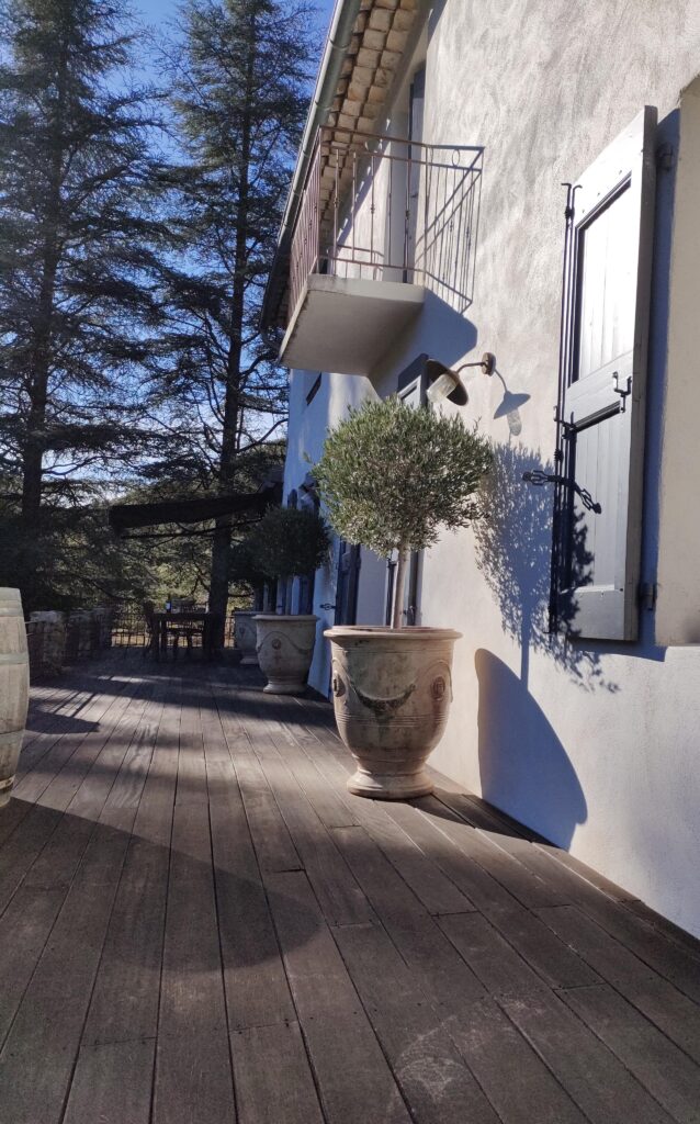 Terrasse du Mas La Solarie avec pots d&rsquo;oliviers et vue sur la nature des C&eacute;vennes