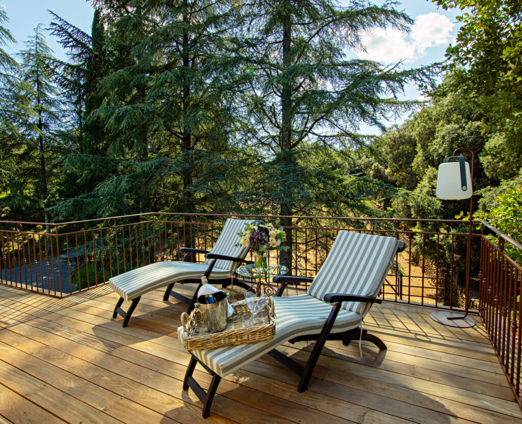 Terrasse en bois du Mas La Solarie avec deux transats, table basse, bouquet de fleurs et vue panoramique sur les arbres.