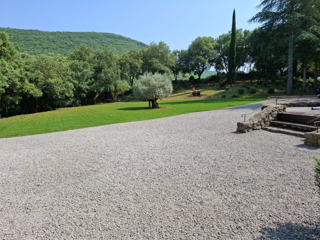 All&eacute;e en gravier et parc paysager avec olivier au Mas La Solarie